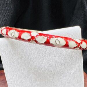 STUNNING CLOISSONE RED AND WHITE FLOWER ENAMELED GOLD TONE HINGED BANGLE